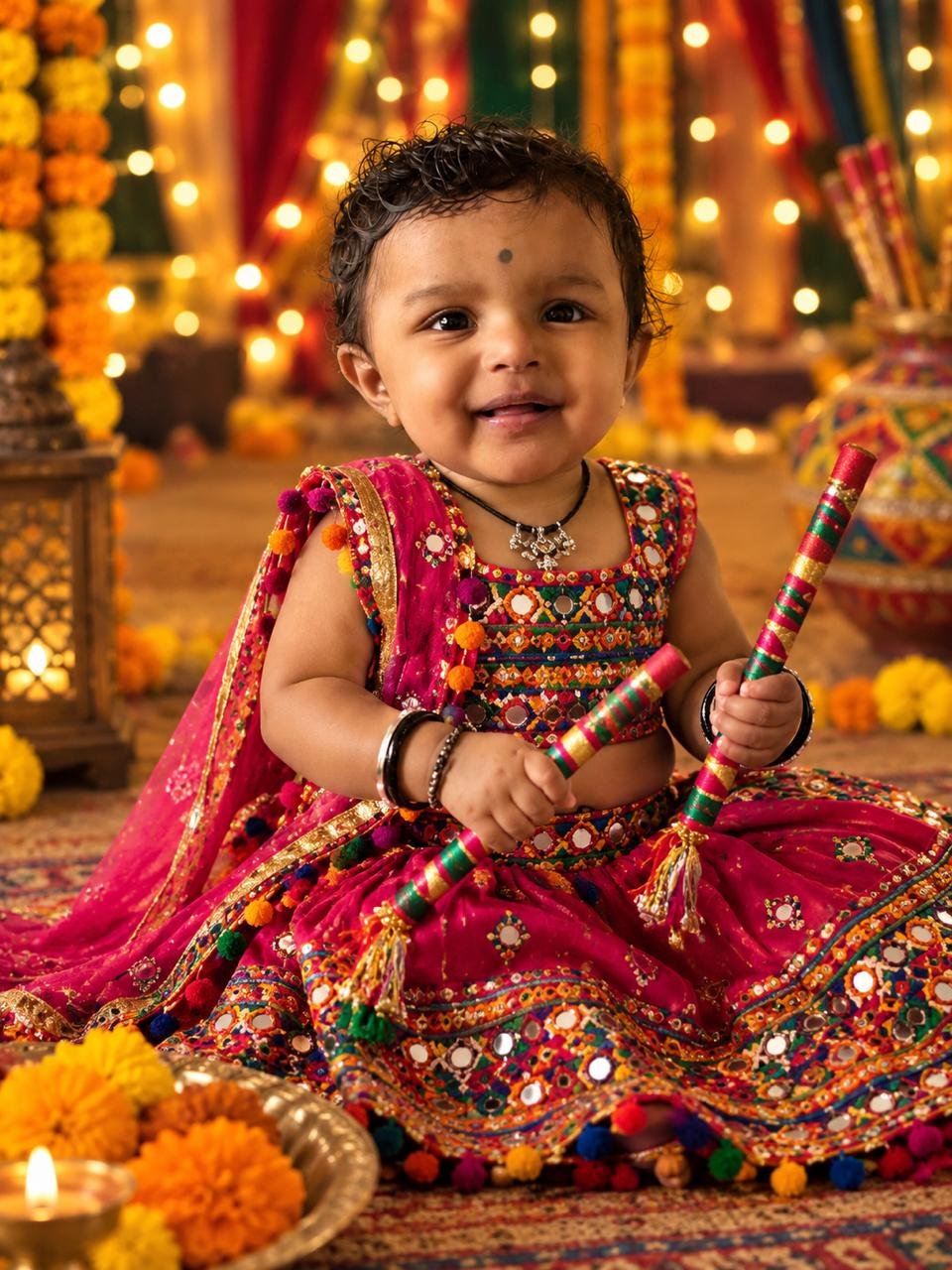 A young child smiling in colorful festive clothes